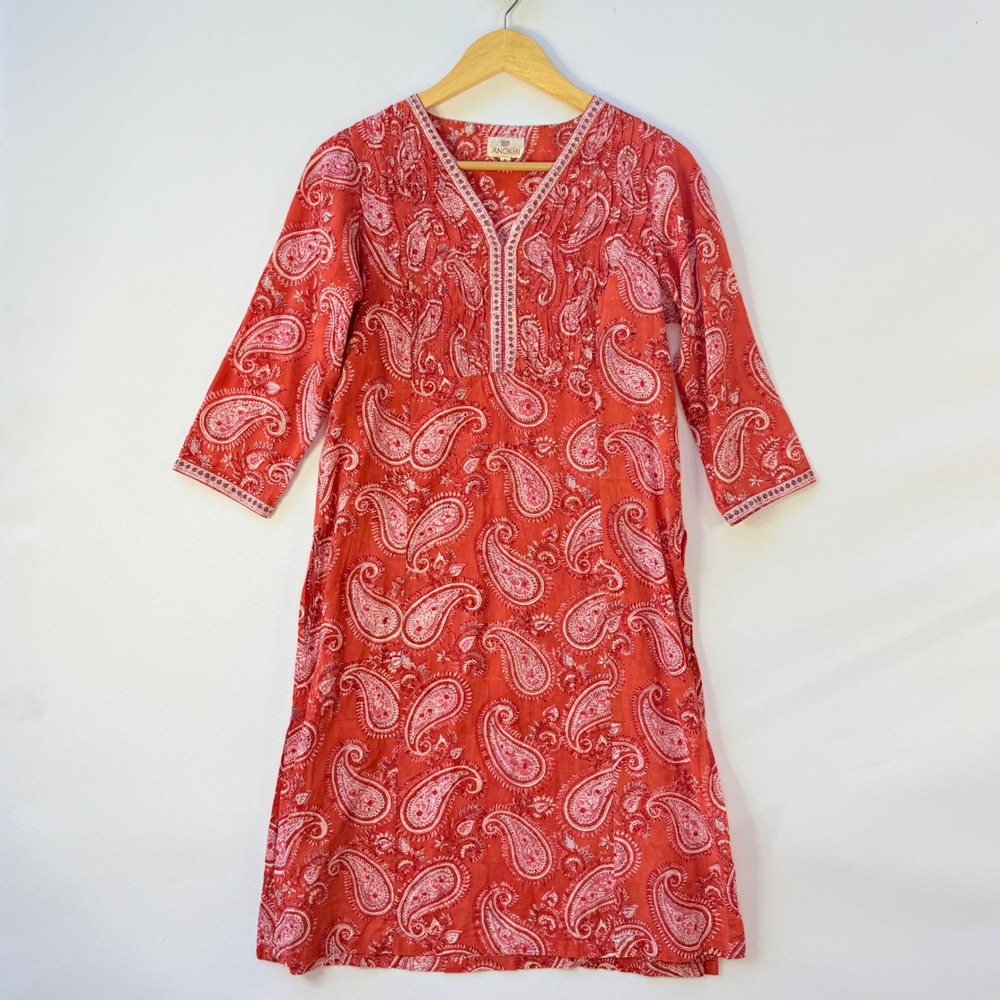 Anokhi Womens Small Paisley Print Red Kurta Dress 3/4 Sleeve‎ Earthy Ethnic Folk